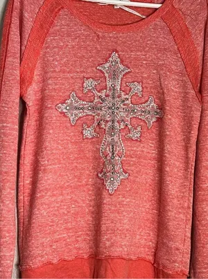 Miss Me Shirt Womens S Pink Embroidered Rhinestone Studded Cross Round Neck thumbnail 2