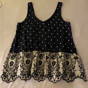 Elegant Navy Blue and White Polka Dot Lace Trim Top Size XS thumbnail 1