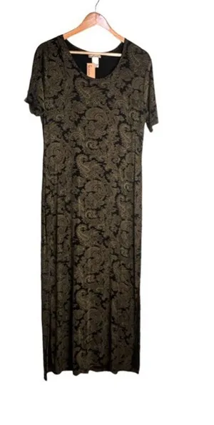 Susan Lawrence Paisley Maxi Dress Size Large Vintage Black Gold Short Sleeve NWT thumbnail 1