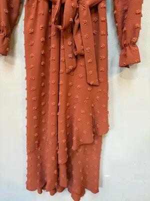 Rust Swiss Dot Maxi Dress Small Long Sleeve Fall Wedding Guest Boho Wrap Sty thumbnail 3