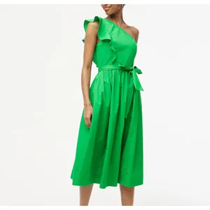 J.Crew One Shoulder Midi Dress A Line Ruffle Pockets Kelly Green US 00 NWT thumbnail 2