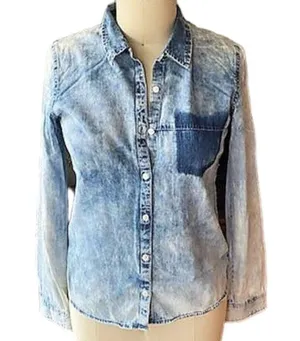 VOLCOM Denim Blue Jean Long Sleeve Button Up Down Shirt ~ Woman's Size 10 thumbnail 2