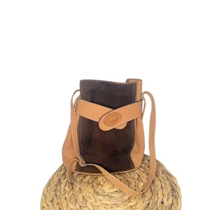 Vtg Leather Bucket Bag Dual Toned Brown Camel Handcrafted Luxurious Vintage thumbnail 2