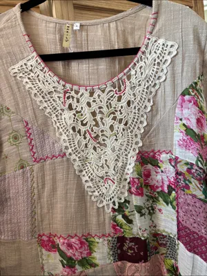 Marilu Boho Patchwork Crochet-Trim Women's Top - Beige with Pink Floral Large thumbnail 3