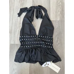 Commense Edgy Chic Studded Detail Ruffle Halter Top NWT Small thumbnail 2