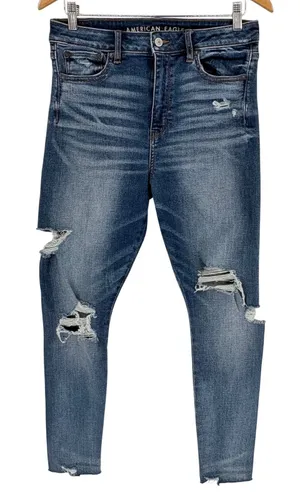 American Eagle Super Hi-Rise‎ Jegging Womens 10 Short Blue Distressed Jeans thumbnail 1