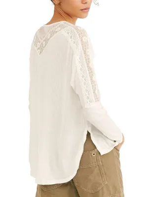 Free People Lola Lace Thermal Knit Long Sleeve Woman’s Top Cream S thumbnail 10
