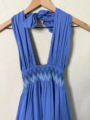 Misa Karolina Dress Blue Halter Smocked Fit & Flare Poplin Midi‎ Dress Size XS thumbnail 6