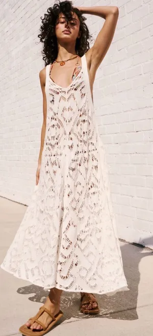 Free People Beach Bianca Fauxchet Crochet Flowy Midi Dress Ivory Large thumbnail 1