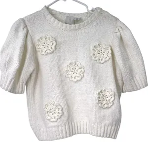 Joie | M | Knit Short Sleeve Sweater Floral Applique Crochet Top Women's thumbnail 2