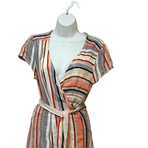 Free People Womens Striped Ruffle Wrap Mini Dress V-Neck Multi-Color Size Medium thumbnail 4