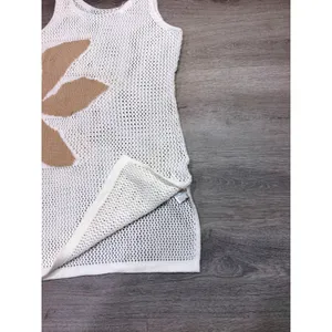 Women's Size Small Ivory Crochet Knit Mini Dress Beige Leaf Beach Cover Up thumbnail 4