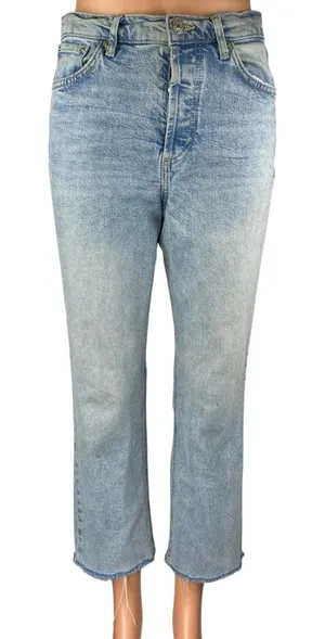 Zara Blue High Waisted Frayed Raw Hem Button Fly Straight Denim Jeans Pants Sz 6 thumbnail 1
