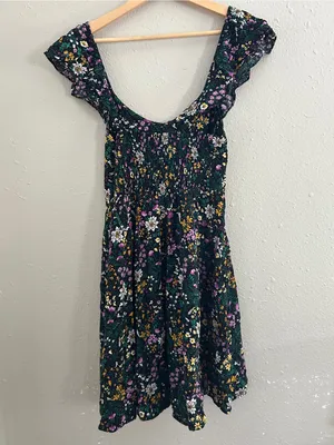 Old Navy Dark Green Floral Ruffle-Neck Fit N Flare Mini Dress Casual Summer Med thumbnail 5
