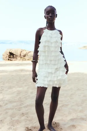 Zara ivory ecru mini dress halter ruffle Bohemian summer vacation evening casual thumbnail 7