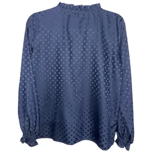 LOFT Navy Blue Ruffled Collar Polka Dot Button Down w/ Gathered Long Sleeves thumbnail 2