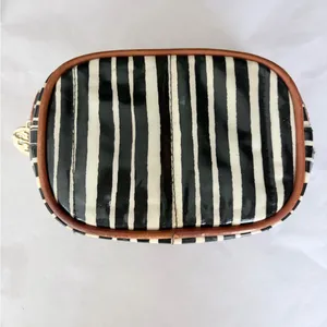 Tory Burch Black & White Striped Cosmetic Pouch Brown Logo Trim thumbnail 2
