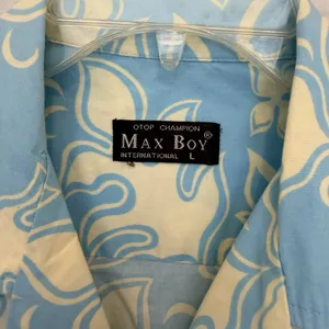 Max Boy Blue Cream Hawaiian Print Button Down Mens Short Sleeve Shirt Size Large thumbnail 5