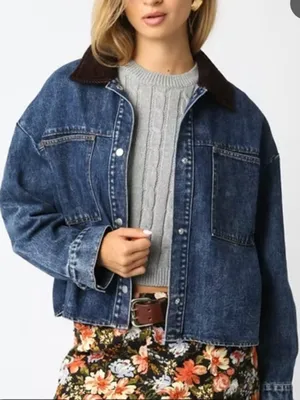 OLIVACEOUS Blue Denim Oversized Lightweight Barn Jacket Brown Corduroy Collar M thumbnail 2
