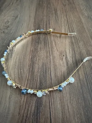 Gold Shell & Pearl Headband with Blue Crystal Accents thumbnail 3
