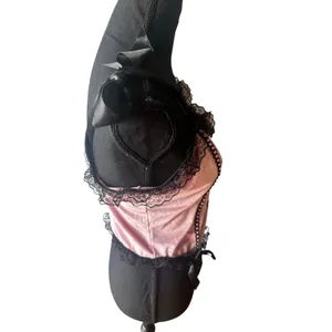 Goth Velvet Pink Black Lace Frill Cami XL Corset Style Sweetheart Top Chic thumbnail 4