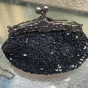 VINTAGE INSPIRED BEADED SEQUINED CLUTCH Black Purse Huffa Formal thumbnail 6