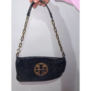 Tory Burch Reva Clutch Blue Leather‎ Snakeskin Print Chain Handbag Bag L thumbnail 2