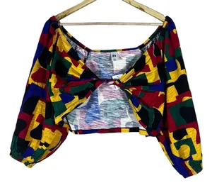 NWT It's Fashion Twist Front Geometric Crop Top Multicolor Retro Puff Size 1X thumbnail 1