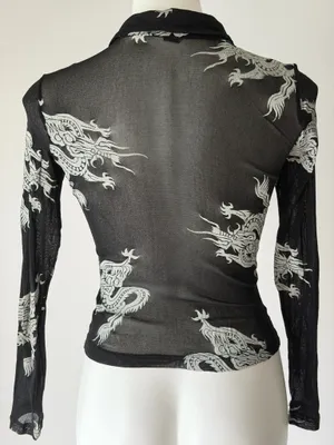 Vintage Dragon Print Button Up Mesh Top Black thumbnail 3