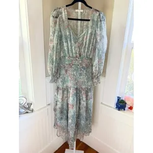LoveShackFancy Floral Smocked Waist Tiered Midi Dress Sage Green XS thumbnail 2