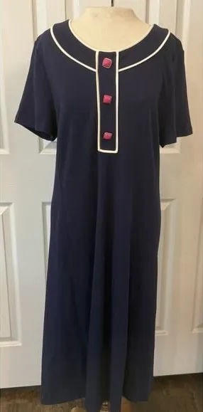 Lilly‎ Pulitzer Dress Sz XL Navy Blue Pink Buttons Shift Coastal Career *hemmed* thumbnail 1