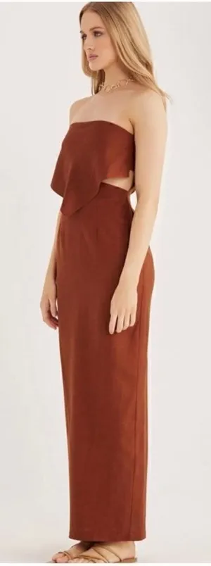 Revolve Rumer Roam Bandana‎ Maxi Linen Chocolate Brown Cutouts Dress Med NWT thumbnail 1