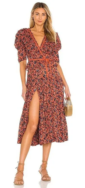 Ulla Johnson Lisette Rust Blue Floral Puff Sleeve Ruffle Wrap Midi Dress thumbnail 1