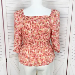 Nanette Lepore Cottagecore Floral Smocked Peplum‎ Puff Sleeve Blouse Pink Large thumbnail 4