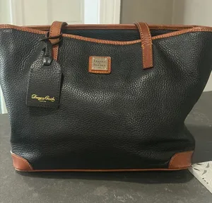 Dooney & Bourke Black Pebbled Charleston Leather Tote with Brown Trim thumbnail 1