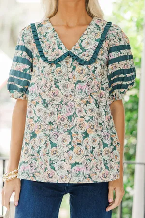 Entro Floral Detail Puff Sleeve V-Neck Peter Pan Collar Blouse Hunter Green Multi thumbnail 1