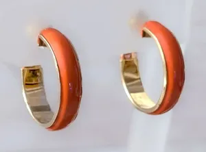 Vintage Clip On Earrings Retro Darker Shade of Orange & Gold Tone Hoops 1" thumbnail 1