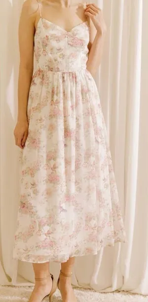 Storia Floral Maxi Dress Open Back V-Neck Ivory M thumbnail 1