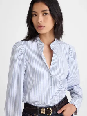 NWT Madewell Puff-Sleeve Button-Up Shirt blue white striped women's s nautical thumbnail 1