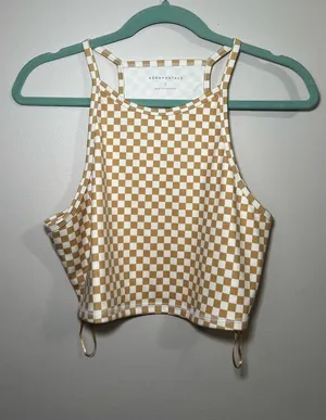 Aeropostale Women's Checkerboard Cropped Tank Top in Tan & White thumbnail 1