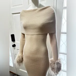 JOLLYA Off-Shoulder Cream Knit Dress with Feather Trim Size M/L P-36 thumbnail 9