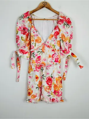 For Love & Lemons Julep Linen Blend Floral Mini Dress Coral Romantic. Small thumbnail 5