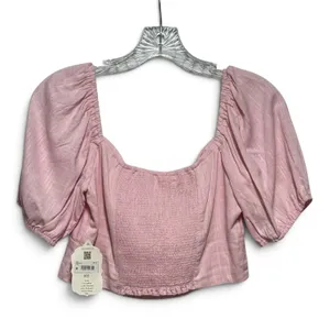 Altar'd State Linen Puff Sleeve Tie Front Cropped Blouse Top Pink Medium thumbnail 4