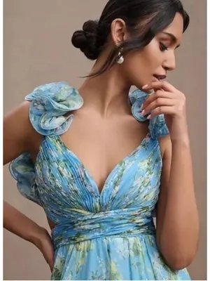 Mac Duggal Blue Ruffle Tiered Floral Cut-Out Chiffon Gown 6 Fairy Whimsy Formal thumbnail 1