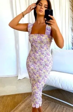 SNDYS Everyday Tina Midi Dress Size 2 Purple Yellow Floral Print Smocked Bodycon thumbnail 1