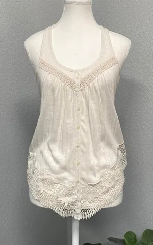 Y2k American Eagle Creme Tank Blouse Lace Trim Racerback Boho Cottage Summer thumbnail 1