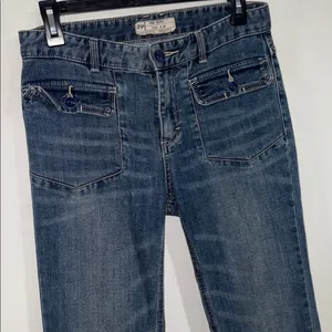 Free People Jeans Womens 26 Blue Denim Pockets Mid Rise Flared Grunge Hippie Y2K thumbnail 2