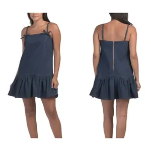 Avec Les Filles Denim Bow Shoulder Ruffle-Hem Baby Doll Mini Dress Size S thumbnail 2