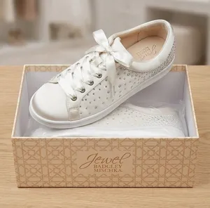 Jewel Badgley Mischka White Satin Crystal-Studded Ribbon Lace Sneakers thumbnail 1