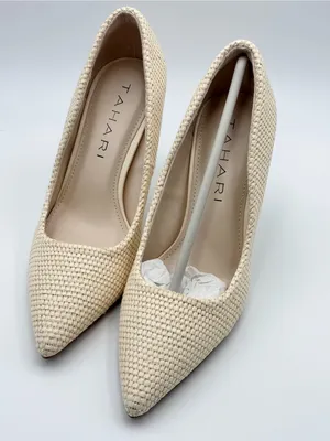 Tahari Cream NIAGRA Vegan Leather 3.75” Woven Upper Stiletto Heels thumbnail 10